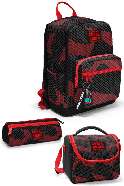 Coral High Siyah Kırmızı Desenli 3’lü Okul Çanta Seti SET0133233 - 1