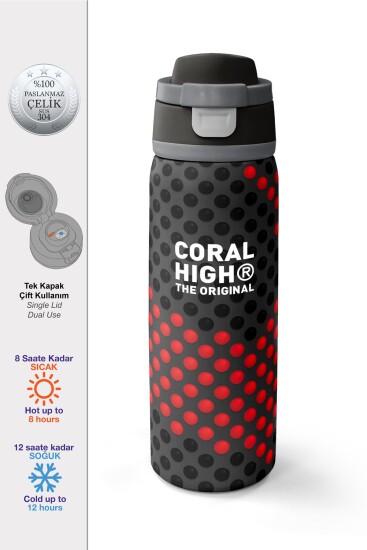 Coral High Siyah Kırmızı Desenli Pipetli ve Direkt İçim Çelik Termos 800 ml 38511 - Coral High