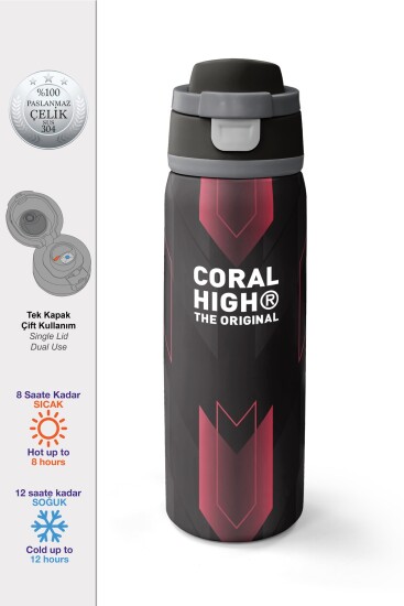 Coral High Siyah Kırmızı Renkli Pipetli ve Direkt İçim Çelik Termos 800 ml 38569 