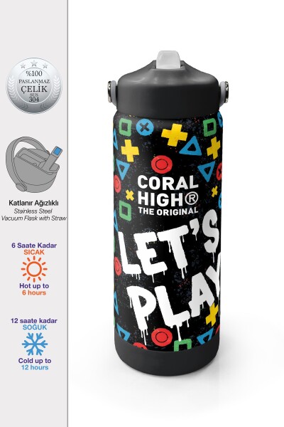 Coral High Siyah Lets Play Desenli Katlanır Ağızlıklı Çelik Termos 650 ml 38314 - 1