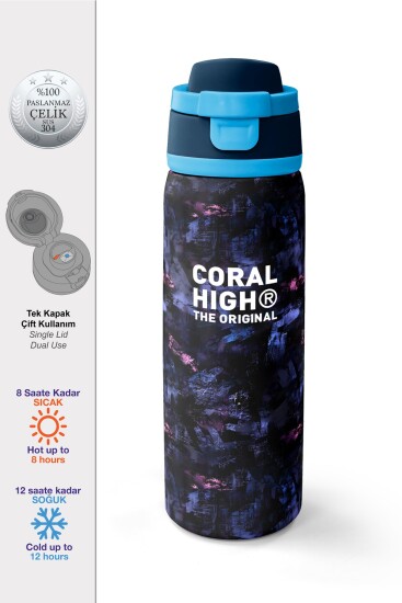 Coral High Siyah Mor Pembe Desenli Pipetli ve Direkt İçim Çelik Termos 800 ml 38587 - Coral High
