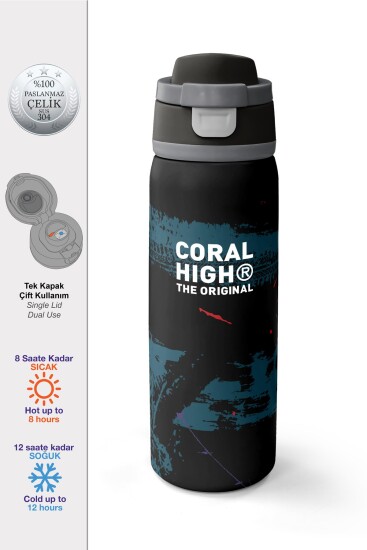 Coral High Siyah Nefti Desenli Pipetli ve Direkt İçim Çelik Termos 800 ml 38581 
