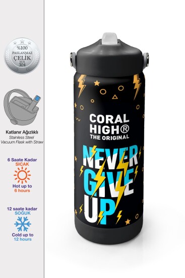 Coral High Siyah Never Give Up Desenli Katlanır Ağızlıklı Çelik Termos 650 ml 38320 