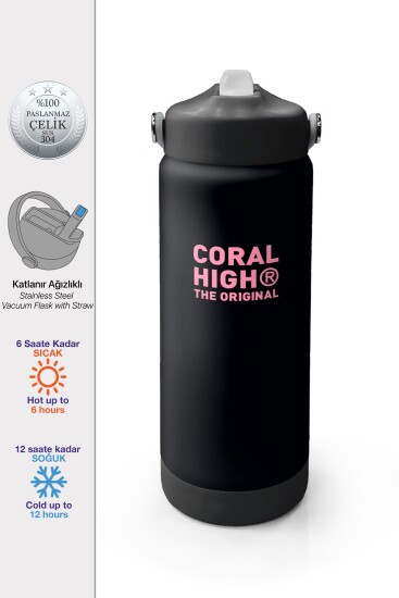 Coral High Siyah Pembe Desenli Katlanır Ağızlıklı Çelik Termos 650 ml 38355 - Coral High