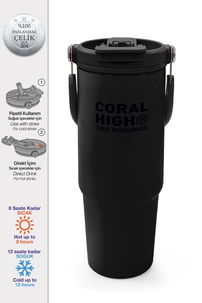 Coral High Siyah Pipetli ve Direkt İçim Çelik Termos 900 ml 38750 - 1