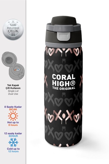 Coral High Siyah Pudra Desenli Pipetli ve Direkt İçim Çelik Termos 800 ml 38595 - Coral High