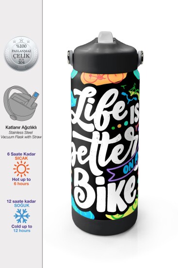 Coral High Siyah Renkli Bisiklet Desenli Katlanır Ağızlıklı Çelik Termos 650 ml 38325 - 1
