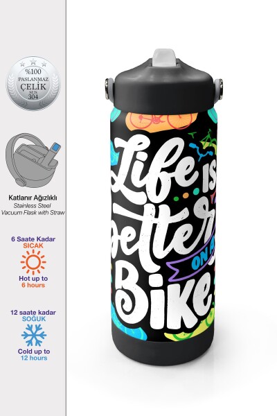 Coral High Siyah Renkli Bisiklet Desenli Katlanır Ağızlıklı Çelik Termos 650 ml 38325 - 1