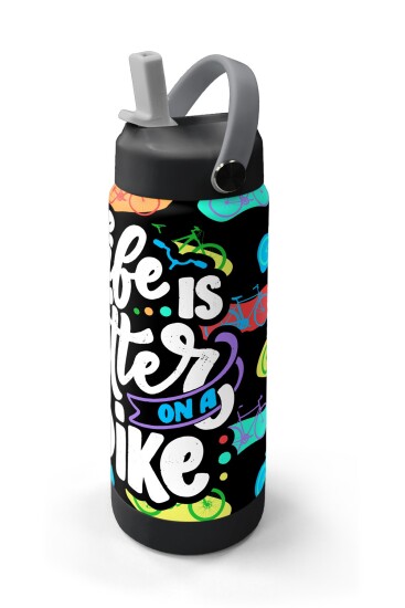 Coral High Siyah Renkli Bisiklet Desenli Katlanır Ağızlıklı Çelik Termos 650 ml 38325 - 2