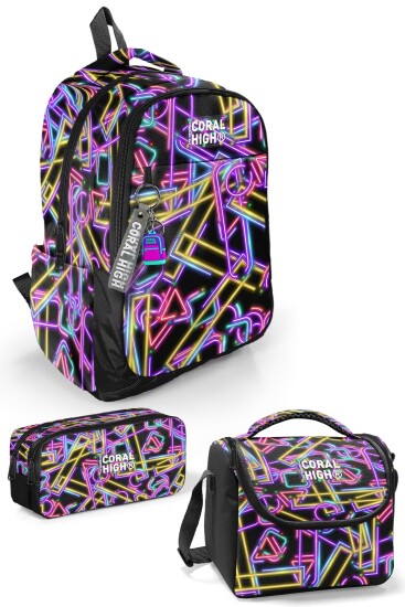 Coral High Siyah Renkli Neon Desenli 3’lü Okul Çanta Seti SET0133248 