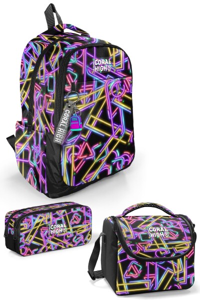 Coral High Siyah Renkli Neon Desenli 3’lü Okul Çanta Seti SET0133248 - 1
