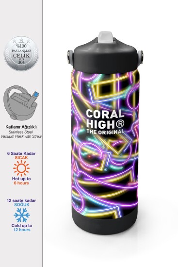 Coral High Siyah Renkli Neon Desenli Katlanır Ağızlıklı Çelik Termos 650 ml 38330 - Coral High