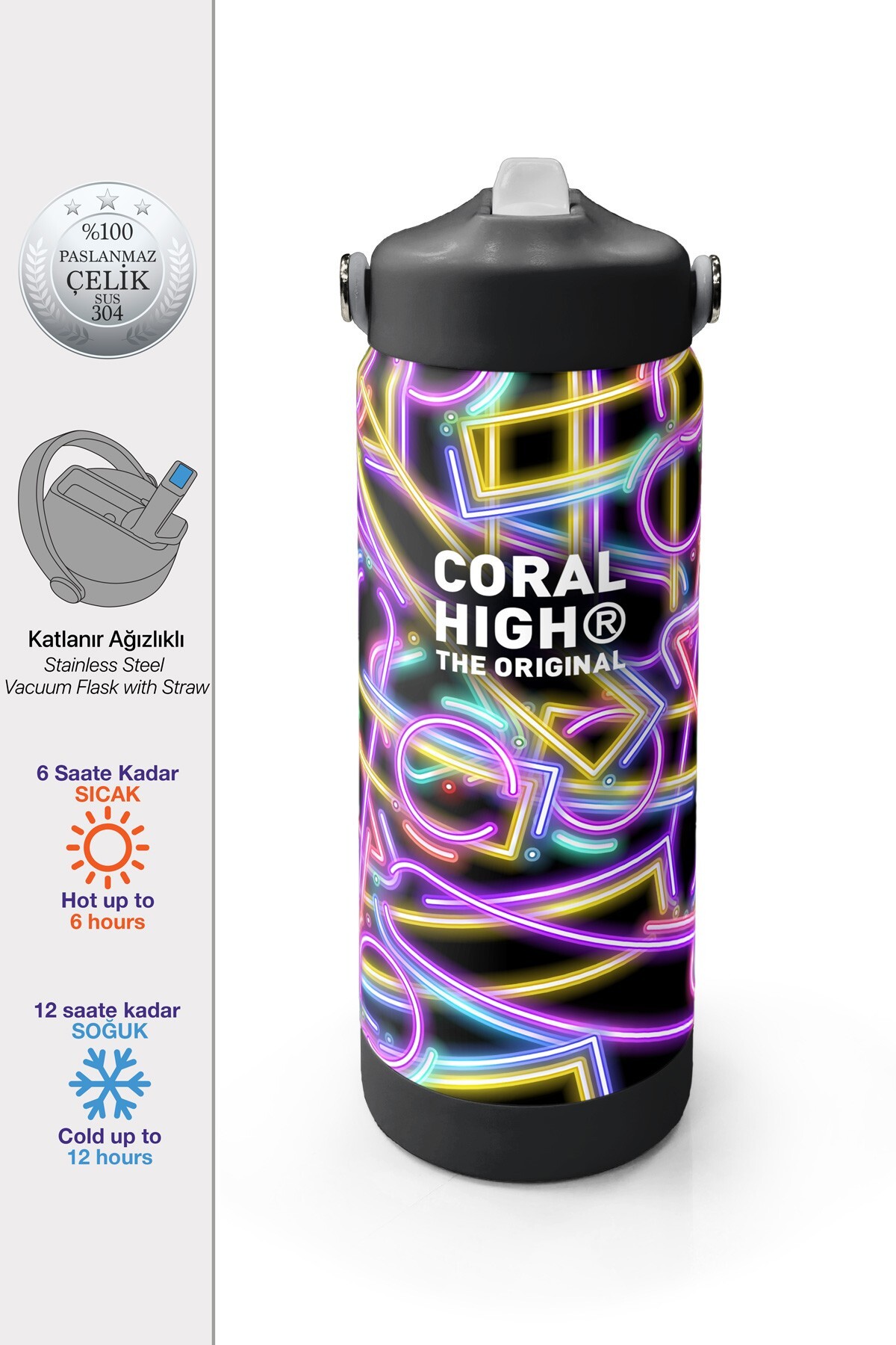 Coral High Siyah Renkli Neon Desenli Katlanır Ağızlıklı Çelik Termos 650 ml 38330