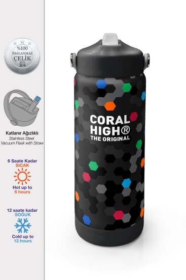 Coral High Siyah Renkli Petek Desenli Katlanır Ağızlıklı Çelik Termos 650 ml 38310 