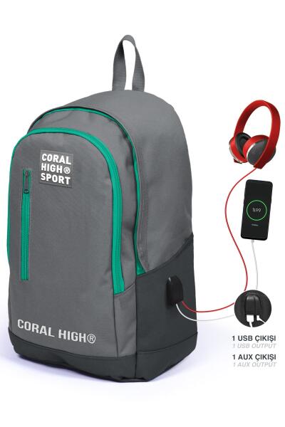 Coral High Sport Gri Üç Bölmeli USB Şarjlı Kulaklık Çıkışlı Sırt Çantası 23233 - 1