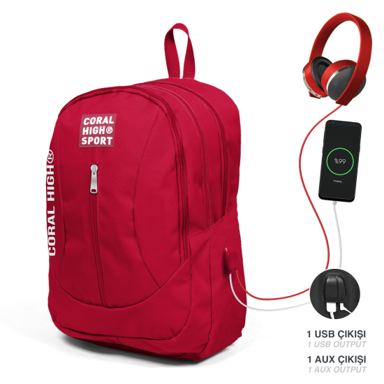 Coral High Sport Kırmızı USB Şarjlı Kulaklık Çıkışlı Dört Bölmeli Sırt Çantası 23451 - 1