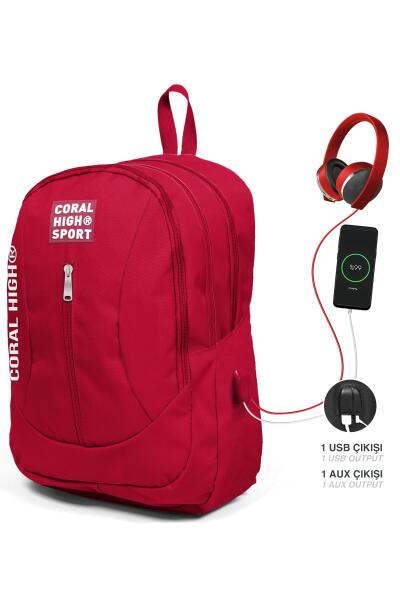 Coral High Sport Kırmızı USB Şarjlı Kulaklık Çıkışlı Dört Bölmeli Sırt Çantası 23451 - 1