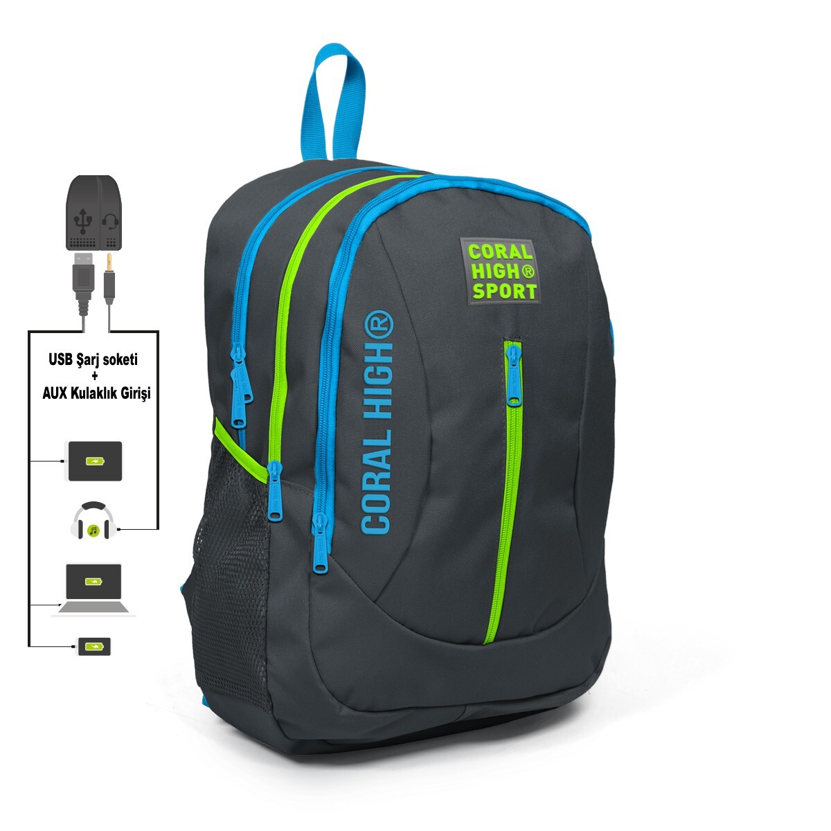 Coral High Sport Koyu Gri Dört Bölmeli USB Şarjlı Kulaklık Çıkışlı Sırt Çantası 23227