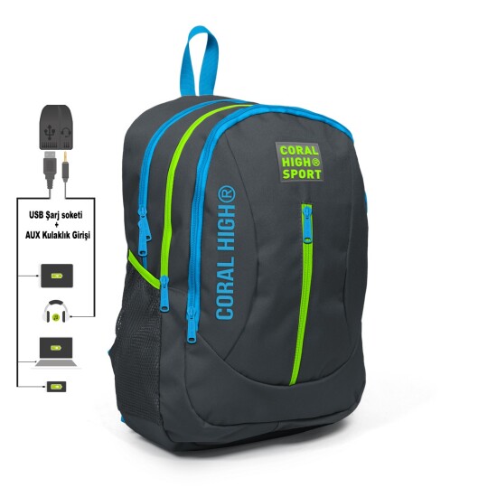 Coral High Sport Koyu Gri Dört Bölmeli USB Şarjlı Kulaklık Çıkışlı Sırt Çantası 23227 - Coral High Sport
