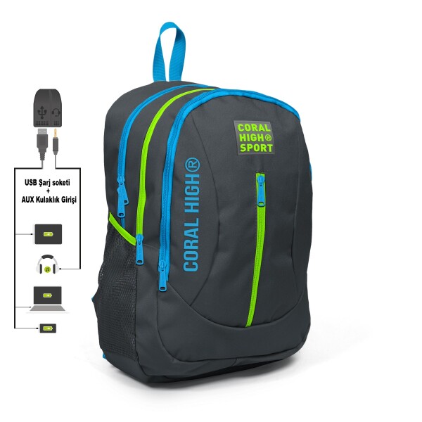 Coral High Sport Koyu Gri Dört Bölmeli USB Şarjlı Kulaklık Çıkışlı Sırt Çantası 23227 - 1