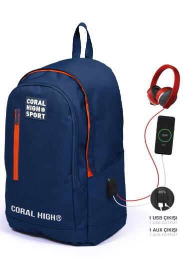 Coral High Sport Lacivert Üç Bölmeli USB Şarjlı Kulaklık Çıkışlı Sırt Çantası 23232 - Coral High SPORT
