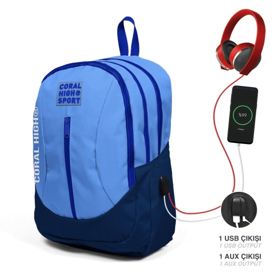 Coral High Sport Derin Mavi Saks Dört Bölmeli USB Şarjlı Kulaklık Çıkışlı Sırt Çantası 23228 - 1