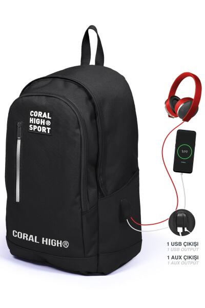Coral High Sport Siyah Üç Bölmeli USB Şarjlı Kulaklık Çıkışlı Sırt Çantası 23231 - 1