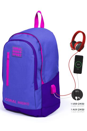 Coral High Sport Lavanta Mor Üç Bölmeli USB Şarjlı Kulaklık Çıkışlı Sırt Çantası 23234 - Coral High Sport