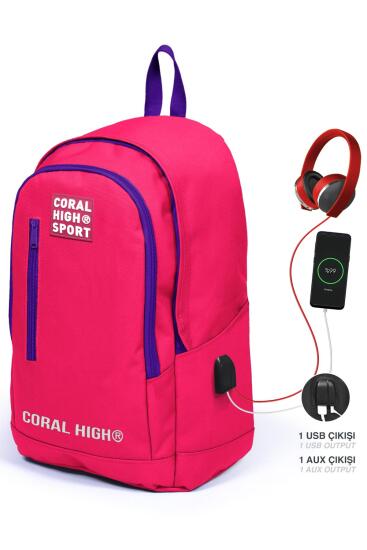 Coral High Sport Neon Mercan Mor Üç Bölmeli USB Şarjlı Kulaklık Çıkışlı Sırt Çantası 23235 