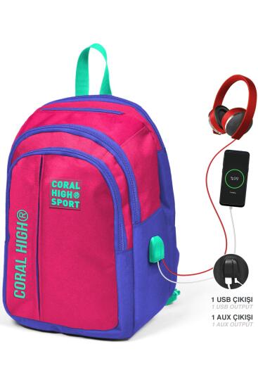 Coral High Sport Neon Mercan Lavanta Beş Bölmeli USB Şarjlı Kulaklık Çıkışlı Sırt Çantası 23244 - Coral High Sport