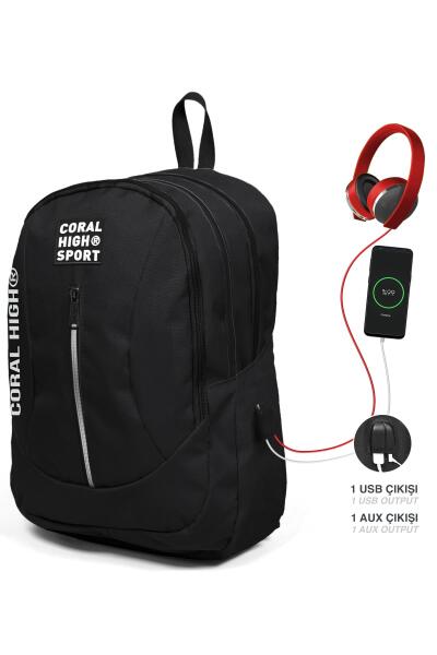 Coral High Sport Siyah Dört Bölmeli USB Şarjlı Kulaklık Çıkışlı Sırt Çantası 23226 - 1