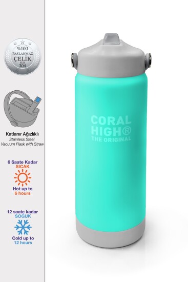 Coral High Su Yeşili Gri Desenli Katlanır Ağızlıklı Çelik Termos 650 ml 38357 - Coral High