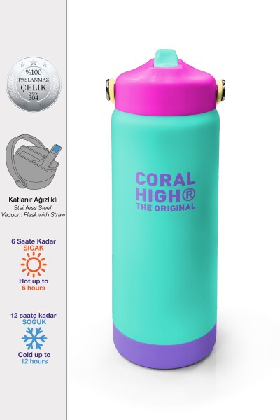 Coral High Su Yeşili Milka Desenli Katlanır Ağızlıklı Çelik Termos 650 ml 38352 - 1