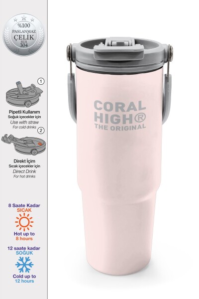Coral High Toz Pembe Pipetli ve Direkt İçim Çelik Termos 900 ml 38756 - 1