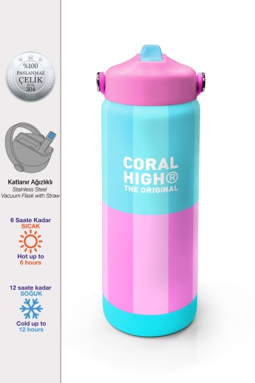 Coral High Turkuaz Pembe Çizgili Desenli Katlanır Ağızlıklı Çelik Termos 650 ml 38381 - Coral High