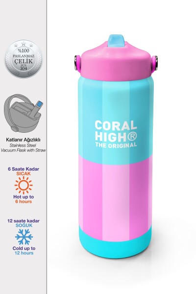 Coral High Turkuaz Pembe Çizgili Desenli Katlanır Ağızlıklı Çelik Termos 650 ml 38381 - 1