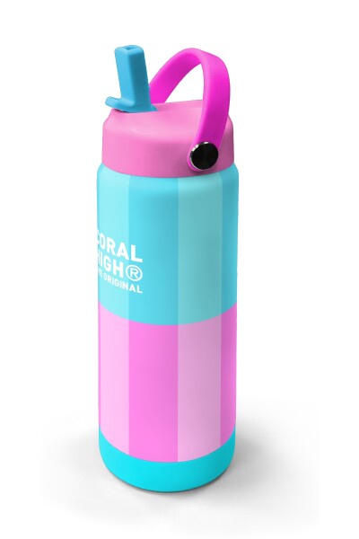 Coral High Turkuaz Pembe Çizgili Desenli Katlanır Ağızlıklı Çelik Termos 650 ml 38381 - 2