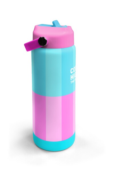 Coral High Turkuaz Pembe Çizgili Desenli Katlanır Ağızlıklı Çelik Termos 650 ml 38381 - 3