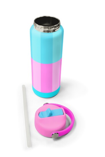 Coral High Turkuaz Pembe Çizgili Desenli Katlanır Ağızlıklı Çelik Termos 650 ml 38381 - 5