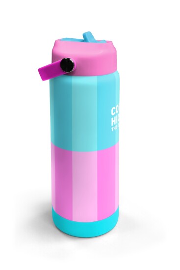 Coral High Turkuaz Pembe Çizgili Desenli Katlanır Ağızlıklı Çelik Termos 650 ml 38381 - 3