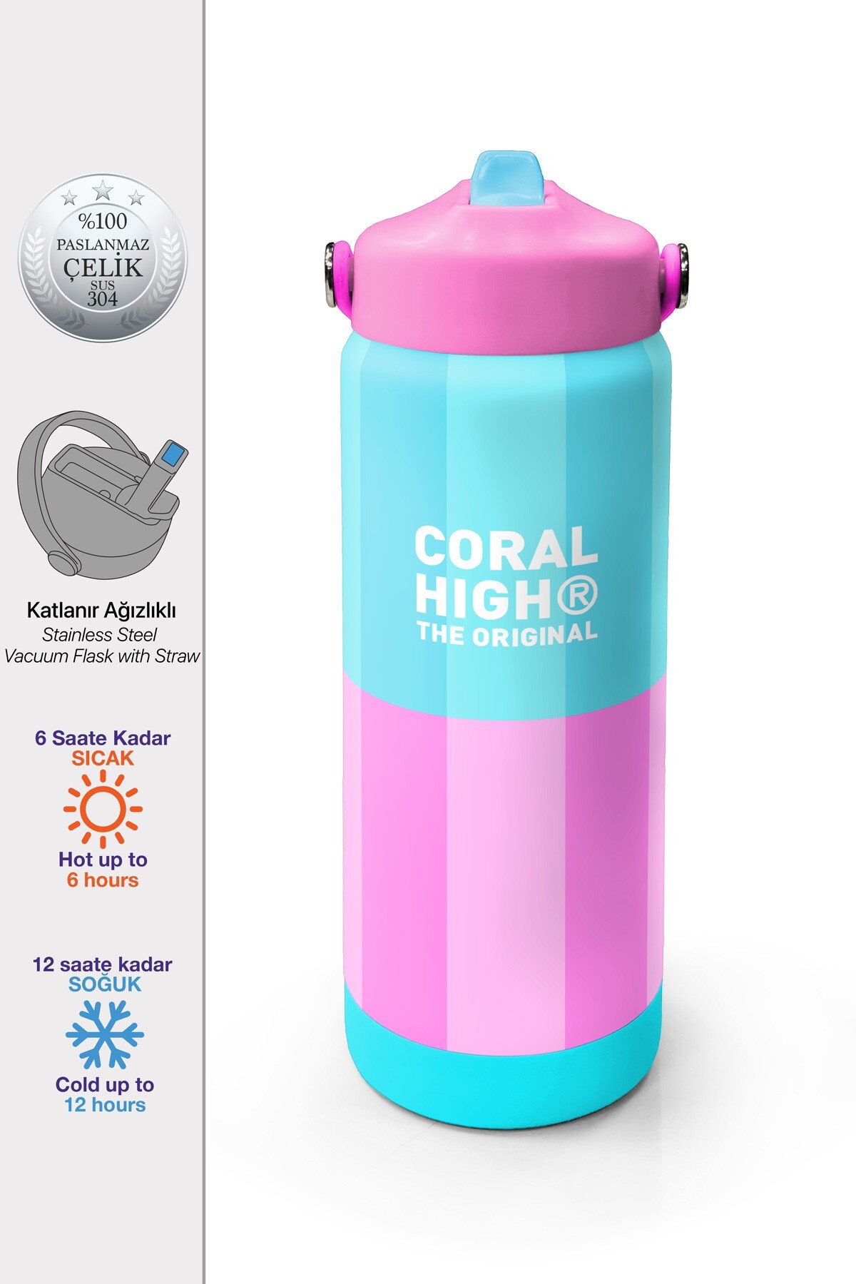 Coral High Turkuaz Pembe Çizgili Desenli Katlanır Ağızlıklı Çelik Termos 650 ml 38381