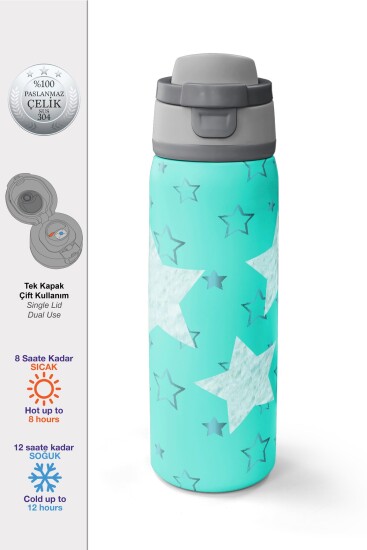 Coral High Turkuaz Yıldız Desenli Pipetli ve Direkt İçim Çelik Termos 800 ml 38593 