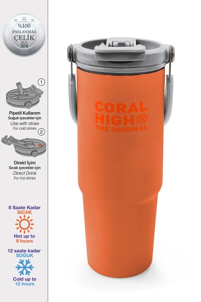 Coral High Turuncu Pipetli ve Direkt İçim Çelik Termos 900 ml 38757 - 1
