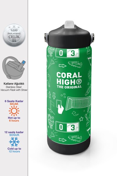 Coral High Yeşil Futbol Desenli Katlanır Ağızlıklı Çelik Termos 650 ml 38329 - 1