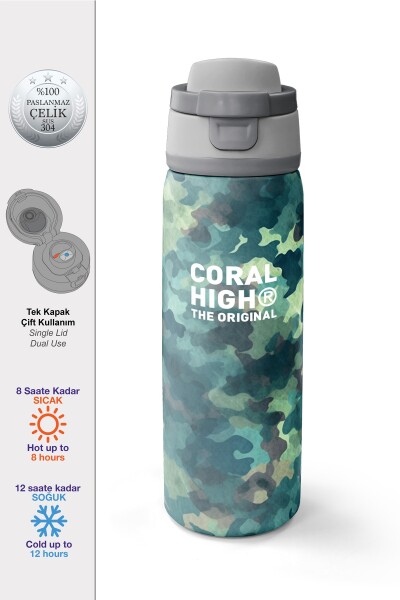 Coral High Yeşil Kamuflaj Desenli Pipetli ve Direkt İçim Çelik Termos 800 ml 38520 - 1