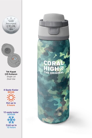 Coral High Yeşil Kamuflaj Desenli Pipetli ve Direkt İçim Çelik Termos 800 ml 38520 - Coral High