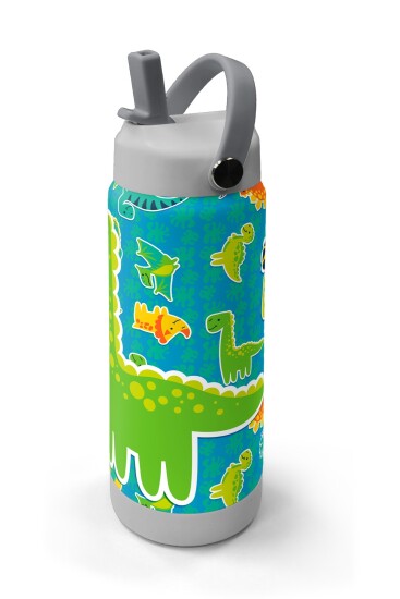 Coral High Yeşil Mavi Dinozor Desenli Katlanır Ağızlıklı Çelik Termos 650 ml 38395 - 2