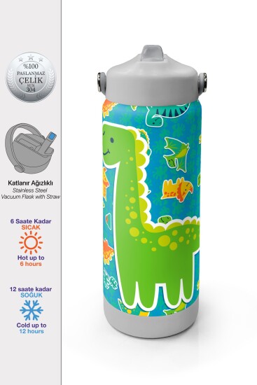 Coral High Yeşil Mavi Dinozor Desenli Katlanır Ağızlıklı Çelik Termos 650 ml 38395 - 1