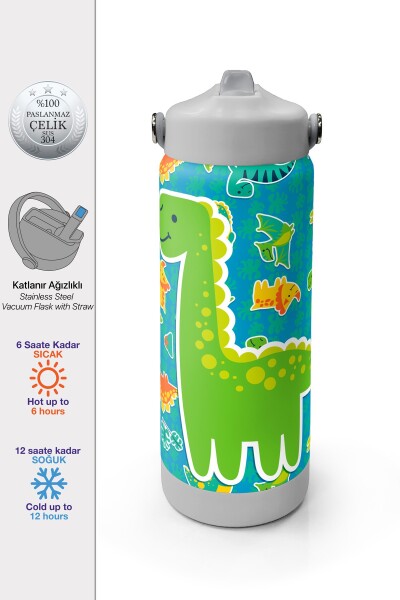Coral High Yeşil Mavi Dinozor Desenli Katlanır Ağızlıklı Çelik Termos 650 ml 38395 - 1