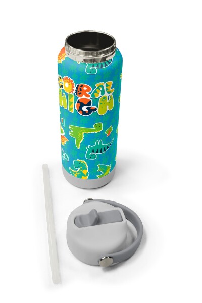Coral High Yeşil Mavi Dinozor Desenli Katlanır Ağızlıklı Çelik Termos 650 ml 38395 - 5